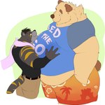 anthro belly belly_grab belt big_belly bottomwear clothing duo eye_contact hand_in_pocket hand_on_belly looking_at_another male male/male overweight overweight_anthro overweight_male pants pockets scarf shirt shorts size_difference smaller_male smile tail tank_top topwear bearwithabroom brum torkuma_tigburr bear mammal absurd_res hi_res