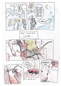 anthro biped clothed clothing dialogue duo female flower fur hair heart_symbol male male/female plant size_difference smaller_female speech_bubble sunflower tail text bedupolker mariella_mazatzal rosie_(bedupolker) rusty_reavis cricetid deer_mouse mammal mouse murid murine rodent comic english_text hi_res trans_(lore) trans_man_(lore)