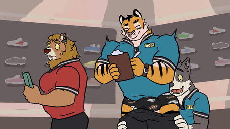 anthro anthro_on_anthro assisted_exposure barazoku beard big_bulge big_muscles bottomwear bottomwear_pull briefs bulge clipboard clothing clothing_pull clothing_store collared_shirt earpiece employee erection erection_under_clothing eyebrows facial_hair footwear fur group hair holding_object inside kemono looking_at_another male male/male mane muscular muscular_anthro muscular_male name_tag open_mouth overly_muscular pantsing pattern_clothing pattern_underwear shirt shoes shorts shorts_pull size_difference smile standing store surprised teeth text thick_arms thick_thighs tongue topwear trio tuft underwear unprofessional_behavior working omyurice terry_(gh0stfood) toby_(gh0stfood) canid canine canis domestic_dog felid lion mammal pantherine tiger 16:9 2025 2d_animation animated character_name english_text frame_by_frame loop no_sound short_playtime video widescreen