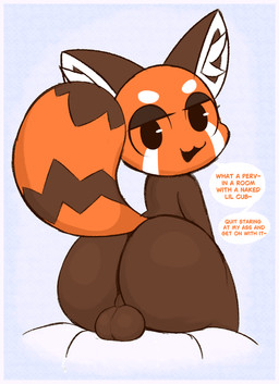 anthro balls bedroom_eyes big_butt black_eyes border brown_body butt dialogue genitals inner_ear_fluff looking_at_viewer looking_back male markings narrowed_eyes nude open_mouth pedophilia_humiliation pedophilia_temptation perineum seductive shota solo speech_bubble stated_age stated_young striped_markings striped_tail stripes tail tail_markings text tuft white_border young young_anthro young_male vanillamochi chikn_nuggit sody_pop_(chikn_nuggit) ailurid mammal red_panda 2025 absurd_res digital_media_(artwork) english_text hi_res