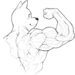 ambiguous_gender anthro back_muscles bent_arm biceps big_muscles blush blush_lines closed_smile clothed clothing eyelashes fist flexing flexing_bicep glistening glistening_eyes glistening_nose huge_muscles mouth_closed muscular muscular_ambiguous muscular_anthro muscular_arms pointy_ears prick_ears rear_view smile solo thick_neck topless topless_ambiguous topless_anthro obleacream canid canine canis domestic_dog mammal 2022 digital_media_(artwork) half-length_portrait hi_res monochrome portrait