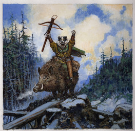 anthro belt brown_body brown_clothing brown_fur cape clothing cloud day duo feral fur grass holding_crossbow male open_mouth outside plant quiver_(object) riding smile snow tree tusks larry_macdougall badger mammal mustelid musteline hi_res traditional_media_(artwork)