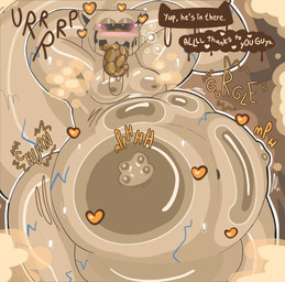 ambiguous_gender anthro anthro_pred anthro_prey belly big_belly black_sclera blush bodily_fluids bubble duo heart_symbol male male_prey orange_eyes orange_pupils pupils rumbling_stomach saliva saliva_on_tongue slime speech_bubble tan_belly tan_slime text tongue tongue_out vore koalarobot_(artist) naruto shukaku goo_creature 2026 english_text hi_res