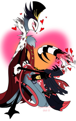 ahegao anal anal_penetration anthro arm_grab arm_pull balls beak bent_over blue_body blush bodily_fluids boots bottomless bottomwear bottomwear_down chest_tuft cloak clothed clothed_sex clothing cum cum_in_ass cum_inside cum_on_balls dialogue drooling duo feathers footwear from_behind_position genital_fluids genitals gradient_background heart_background heart_symbol horn kneeling looking_pleasured male male/male male_penetrated male_penetrating male_penetrating_male moan pants pants_down partially_clothed penetration penis prison_guard_position red_body red_eyes saliva sex shoes simple_background size_difference spots suit tail tail_feathers text tongue tongue_out torn_clothing tuft white_spots yellow_sclera sqwdink hellaverse helluva_boss blitzo_(helluva_boss) stolas_(helluva_boss) avian bird demon humanoid imp owl digital_drawing_(artwork) digital_media_(artwork) english_text hi_res watermark