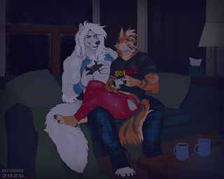 anthro arm_markings barefoot beard bedding black_clothing black_nose black_shirt black_topwear blanket blue_bottomwear blue_clothing blue_eyes blue_markings blue_pants bottomwear chest_markings claws clothed clothing coffee_mug coffee_table controller curtains dark_room duo ear_piercing facial_hair feet fluffy fluffy_tail foot_on_another's_tail foot_on_tail forearm_muscles fur furniture game_controller green_eyes grey_hair grey_markings hair holding_controller holding_game_controller holding_object industrial_piercing lamp licking licking_lips licking_own_lips long_hair male markings muscular muscular_anthro muscular_male night on_lap on_sofa open_mouth orange_body orange_fur orange_hair pants pattern_bottomwear pattern_clothing pecs piercing pillow plaid plaid_bottomwear plaid_clothing print_clothing print_shirt print_t-shirt print_topwear red_bottomwear red_clothing red_pants red_tongue shirt sitting sitting_on_lap sitting_on_sofa sofa striped_body striped_fur stripes t-shirt table tail tan_hair text tissue_box toe_claws tongue tongue_out topless topwear white_body white_fur white_hair window wrist_markings rayliicious pyro29 zuel_(ruugoole) canid canine canis iberian_wolf mammal wolf 2025 5:4 artist_name dated hi_res