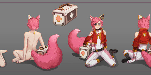5_toes areola belt blue_eyes blush boots breasts clothed clothing colored_nails cybernetic_ear cybernetics cyberpunk ear_piercing ear_ring exposed_shoulder feet female footwear furgonomic_piercing furgonomics genitals gradient_background hair humanoid_feet humanoid_genitalia humanoid_vulva jacket jumpsuit light_body light_skin looking_aside machine medkit multiple_angles multiple_outfits nails nipples piercing pink_hair pink_nipples pink_tail plantigrade prosthetic_ear red_clothing red_cross red_jacket red_topwear ring_piercing shoes short_cut_jacket short_hair simple_background sitting sleeveless_jumpsuit small_breasts solo tail text toes topwear vulva white_jumpsuit yellow_nails d-rex animal_humanoid canid canid_humanoid canine canine_humanoid fox_humanoid humanoid mammal mammal_humanoid 2025 artist_name hi_res