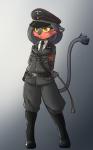 2017 anthro anthrofied armband belt black_body black_fur black_hair black_nose boots bottomwear clothed clothing cross digital_media_(artwork) domovoi_lazaroth fan_character felid female footwear front_view frown fully_clothed fur generation_7_pokemon gradient_background grey_background hair hands_behind_back hat headgear headwear iron_cross jacket litten long_hair mammal nazi nazi_uniform necktie ni_(domovoi_lazaroth) nintendo pants peaked_cap pokemon pokemon_(species) pokemorph red_body red_eyes red_fur riding_crop shaded shirt shoes simple_background solo standing topwear uniform whip yellow_sclera