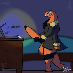 4_arms anthro balls bed big_balls big_breasts big_butt big_penis big_tongue breasts butt clothing coat computer electronics fangs furniture genitals huge_breasts huge_penis intersex male masturbation mostly_nude multi_arm multi_limb open_mouth penis solo teeth tongue topwear chefrens chefrens_(chefrens) arachnid arthropod spider 1:1 hi_res