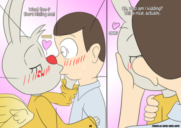 anthro blush blush_lines cartoon_freckles dialogue eyelashes female freckled_face freckles french_kissing hand_on_cheek hand_on_head human_on_anthro interspecies kissing long_eyelashes male male/female text wings otakon_(artist) angel_hare the_east_patch angel_gabby jonah_whitman angel human lagomorph leporid mammal rabbit comic english_text hi_res