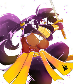 4_fingers abs action_pose anthro arm_wraps big_breasts black_body black_fur black_hair breasts cleavage cleavage_cutout clothed clothing crossed_arms cutout eyeliner female fingers fur hair hair_over_eye holding_object holding_weapon katana long_hair makeup melee_weapon muscular muscular_female one_eye_obstructed pose scar simple_background solo sword weapon white_background white_body white_fur wraps yellow_eyes anaugi hachimitsu:_blade_for_hire hachimitsu canid canine canis domestic_dog mammal 2024 hi_res
