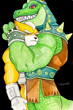 anthro biceps clothing crop_top duo fur green_body hug male male/male muscular muscular_anthro muscular_male orange_body orange_fur shirt suggestive topwear vest ulala_ko nintendo star_fox fox_mccloud general_scales canid canine fox mammal scalie sharpclaw_(star_fox)