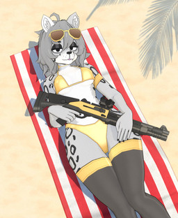 anthro bikini clothing eyewear eyewear_on_head female fur gold_bikini grey_body grey_fur gun looking_at_viewer ranged_weapon shotgun solo sunglasses sunglasses_on_head swimwear two-piece_swimsuit weapon wearing_sunglasses danaby2 golden_week felid mammal pantherine snow_leopard 3d_(artwork) digital_media_(artwork) hi_res