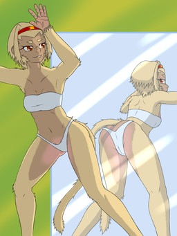 anthro bandeau blonde_hair breasts butt clothed clothing female fur hair looking_at_mirror looking_at_object looking_at_reflection mirror navel presenting presenting_hindquarters reflection solo topwear underwear yellow_body yellow_fur sewlde yang-mei_(sewlde) haplorhine mammal monkey primate 3:4 hi_res