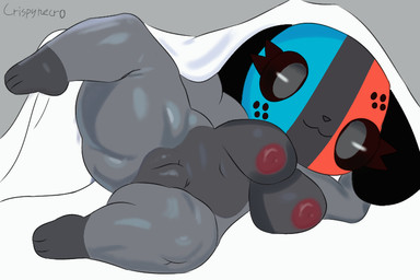 anthro barefoot bed bed_sheet bedding big_breasts black_sclera breasts feet female floppy_ears furniture genitals grey_body grey_eyes looking_at_viewer nipples plump_labia smile solo thick_thighs under_covers vulva crispynecro nintendo nintendo_switch switch_dog switchy_(joaoppereiraus) animate_inanimate canid canine canis domestic_dog mammal