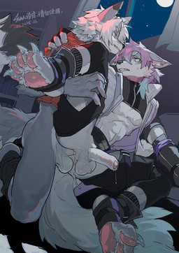 anal anal_penetration anthro balls black_nose bodily_fluids claws cum cum_in_ass cum_inside duo erection feet finger_claws fluffy fluffy_tail foreskin fur genital_fluids genitals grey_body grey_fur hair humanoid_genitalia kemono light male male/male male_penetrated male_penetrating male_penetrating_male midriff moon moonlight multicolored_body multicolored_fur paws penetration penile penile_penetration penis penis_in_ass pointy_ears purple_hair sex spread_legs spreading sweat sweatdrop tail toe_claws two_tone_body two_tone_fur white_body white_fur white_hair milkybot canid canine canis mammal wolf hi_res