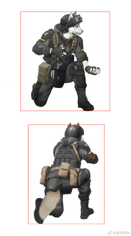 anthro armor belt black_body black_boots black_clothing black_footwear black_fur black_gloves black_handwear blue_eyes boots bottomwear buckle bulletproof_vest claws clothed clothing combat_boots coveralls dog_tags fingerless_gloves fluffy fluffy_tail footwear front_view fur gloves handwear headgear helmet knee_pads kneeling knife legwear long_pants male military military_helmet multicolored_body multicolored_fur on_one_knee pouch_(clothing) rear_view shoes shoulder_pads simple_background solo tactical_gear tactical_gloves tail topwear two_tone_body two_tone_fur utility_belt visor weapon white_background white_body white_fur yoshi.kaoru canid canine canis domestic_dog husky mammal nordic_sled_dog siberian_husky spitz digital_media_(artwork) hi_res