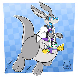 anthro bouncing clothed clothing duo feet gesture gloves grey_body hand_gesture handwear jacket jumping kangaroo_tail long_ears male mind_control pointing pouch_(anatomy) ringed_eyes smile topwear white_body white_clothing white_jacket white_topwear yellow_clothing yellow_gloves yellow_handwear soul-silver-dragon reboot_(soul-silver-dragon) soul-silver-dragon_(character) imp kangaroo macropod mammal marsupial hi_res