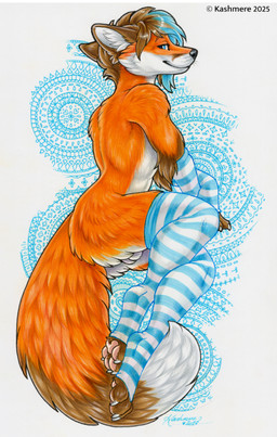 4_toes anthro arm_tuft arm_warmers armwear balls barely_visible_balls barely_visible_genitalia blue_eyes blue_highlights brown_hair claws clothing dipstick_tail elbow_tuft feet finger_claws fluffy fluffy_tail fur genitals hair highlights_(coloring) inner_ear_fluff legwear looking_at_viewer male markings neck_tuft orange_body orange_fur pattern_arm_warmers pattern_armwear pattern_background pattern_clothing pattern_legwear pattern_stockings pawpads paws pointy_ears prick_ears side_view simple_background smile solo stockings striped_arm_warmers striped_armwear striped_clothing striped_legwear striped_stockings stripes tail tail_markings thigh_highs toe_claws toeless_legwear toeless_stockings toes tuft whiskers white_body white_fur kashmere canid canine fox mammal red_fox true_fox signature traditional_media_(artwork)
