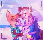 anthro female fur group male chezlizz disney zootopia fan_character judy_hopps nick_wilde canid canine fox hyena lagomorph leporid mammal rabbit red_fox spotted_hyena true_fox 2016 hi_res