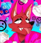 anthro black_nose bodily_fluids bottled_water clothing eyebrows fur inner_ear_fluff jumper looking_at_viewer male red_body red_fur saliva sculpture shirt smile solo statue teeth topwear tuft water youtuber javlae pyrocynical canid canine fox mammal low_res