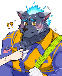 anthro blush disembodied_hand duo embarrassed fire firefighter flaming_hair flaming_mane interrobang male muscular muscular_male pecs pseudo_hair pseudo_mane yellow_eyes sdeekkk lifewonders live_a_hero furlong_(live_a_hero) hyena mammal hi_res