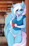 anthro arm_markings beverage big_breasts blue_body blue_breasts blue_eyes blue_feathers blue_fur blue_wings breasts cleavage clothed clothing coffee coffee_mug container cup curvy_figure cutie_mark facial_markings feathered_wings feathers female fluffy fluffy_hair fluffy_tail fur fur_markings glistening glistening_eyes gloves_(marking) hair head_markings hip_dips holding_beverage holding_container holding_cup holding_object leaning long_hair long_tail markings monotone_body monotone_breasts monotone_feathers monotone_hair monotone_tail monotone_wings multicolored_body multicolored_fur muzzle_(marking) nipple_outline panties pink_clothing pink_underwear pointy_ears pose prick_ears scene_haircut small_waist snout snout_markings solo tail thigh_gap underwear v-cut white_body white_fur white_hair white_markings wings u_lu_lu hasbro my_little_pony mythology fan_character icy_heart equid equine mammal mythological_creature mythological_equine pegasus absurd_res hi_res