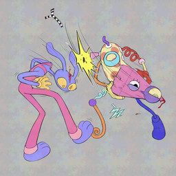 ambiguous_gender anthro attack attacking_another barefoot blood bodily_fluids clothing dark_humor detachable detachable_head duo feet gloves grey_background handwear head_injury humor improvised_weapon male modular motion_lines multicolored_body overalls parody pink_clothing pink_overalls purple_body rabbit_ears simple_background wounded yellow_clothing yellow_gloves yellow_handwear yellow_sclera 20daysapple glitch_productions the_amazing_digital_circus jax_(tadc) zooble_(tadc) animate_inanimate humanoid lagomorph leporid living_toy mammal rabbit shape_head 1:1 2025 digital_drawing_(artwork) digital_media_(artwork) hi_res nonbinary_(lore)