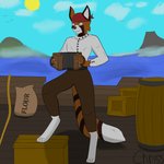 anthro blouse clothing concertina day eyes_closed fluffy fluffy_tail holding_object male pirate scenery sea shadow ship solo standing standing_on_object tail topwear vehicle water watercraft chriss_(artist) amadeus_redfur_(character) ailurid mammal red_panda 1:1 absurd_res colored hi_res