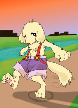 4_fingers 4_toes anthro chest_tuft clothing feet fingers floppy_ears fur kemono looking_at_viewer male overalls overalls_only pawpads solo toes tuft white_body white_fur young young_anthro young_male tsuchinoko_(artist) shiroppu_(tsuchinoko) canid canine canis domestic_dog mammal 2015 absurd_res hi_res japanese_description