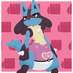 3_fingers ambiguous_gender angry anthro black_body black_inner_ear blue_body blue_tail bodily_fluids border chest_spike clean_diaper clothed clothing diaper diaper_only fingers fur gloves_(marking) hand_on_leg hand_on_thigh looking_at_viewer love_ball markings pattern_background pokeball pokeball_clothing pokeball_diaper simple_background solo spikes spikes_(anatomy) standing sweat tail topless wavy_mouth wearing_diaper white_border yellow_body yellow_fur nineplusten nintendo pokemon generation_4_pokemon lucario pokemon_(species) 1:1 2025 hi_res