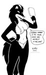 anthro bikini_thong breasts cleavage clothed clothing dialogue female fluffy fluffy_tail fur hair hand_mirror mirror navel solo swimwear tail text tegerio zandar's_saga catherine_o'daisies mammal mephitid skunk 2023 black_and_white english_text hi_res monochrome