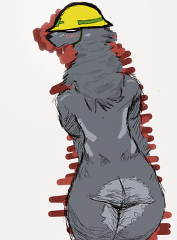 armedantagonist_(raid) armor blush butt embarrassed female fur hard_hat headgear helmet looking_at_viewer neck_tuft patterned_fur shadowed_eyes small_waist tuft armedantagonist canid canine canis humanoid mammal wolf