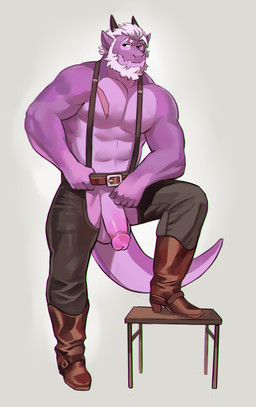 abs anthro balls beard belt chaps chest_scar countershade_face countershade_tail countershade_torso countershading erection facial_hair facial_scar genitals hair horn humanoid_genitalia humanoid_penis male male_anthro mature_anthro mature_male muscular muscular_anthro muscular_male pecs penis purple_body scar simple_background solo step_pose suspenders tail white_hair gol1ath mythology bo_(doormattfe) dragon mythological_creature mythological_scalie scalie 2024 absurd_res hi_res