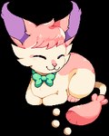 ambiguous_gender bow_tie cat_smile eyes_closed feral fur green_bow lying on_front on_ground paws pink_body quadruped solo tail flavia-elric nintendo pokemon generation_3_pokemon pokemon_(species) skitty 2020 alpha_channel digital_media_(artwork) low_res