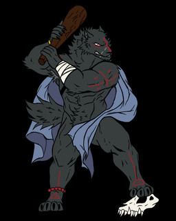4_toes angry anthro armpit_hair bandage body_hair bone bracelet cloth club_(weapon) feet happy_trail jewelry male markings melee_weapon muscular muscular_male pubes_exposed scar shahor_(dian) skull solo standing toes weapon dian canid canine canis mammal wolf 2022 absurd_res hi_res
