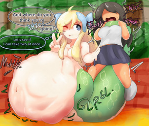 after_vore apode belly big_belly blonde_hair blue_eyes breasts female female_pred group hair huge_belly legless overweight serpentine simple_background split_form text trio vore hughoftheskies dropkick_on_my_devil! jashin-chan draconcopode human lamia mammal reptile scalie snake 2022 hi_res