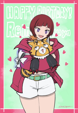 anthro blue_eyes bottomwear clothing duo female fur gun_arm heart_symbol hug jacket nervous orange_body orange_fur shorts smile topwear weapon_arm mas_square bandai_namco digimon digimon_beatbreak reina_sakuya digimon_(species) human mammal pristimon hi_res