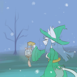 anthro breasts chest_tuft clothing female fur hair hat headgear headwear lamp lantern long_hair snow solo tuft witch_hat yellow_eyes amboyna domestic_cat felid feline felis mammal 1:1