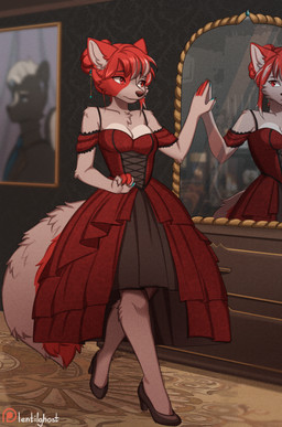 anthro birthmark clothing dress dress_only dresser female framed_picture furniture hair markings mirror mirror_reflection portrait_(object) red_hair reflection royalty solo touching_mirror vanity vanity_mirror lentilghost nina_thumpings_(darkflamewolf) canid canine canis mammal wolf hi_res