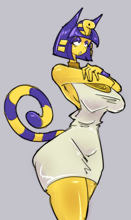 :o anthro biped blue_eyelids blue_eyes blue_hair bob_cut bracelet clothed clothing curvy_figure dress female grey_background hair hourglass_figure jewelry kalasiris lidded_eyes markings open_mouth pectoral_(jewelry) simple_background small_waist solo standing striped_markings striped_tail stripes tail tail_markings three-quarter_view uraeus white_clothing white_dress wide_hips yellow_body mokkoyu animal_crossing nintendo ankha_(animal_crossing) domestic_cat felid feline felis mammal 2025 absurd_res hi_res portrait three-quarter_portrait