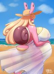 anthro areola_visible_through_clothing beach biped blonde_hair butt clothing cloud dress eyestalks female gastropod_shell hair hat headgear headwear long_hair mollusk_shell multicolored_body nipples_visible_through_clothing outside pregnant sand sea shell sky solo sun_hat text translucent translucent_clothing water doodle_dip gastropod mollusk snail 2024 absurd_res digital_media_(artwork) english_text hi_res signature