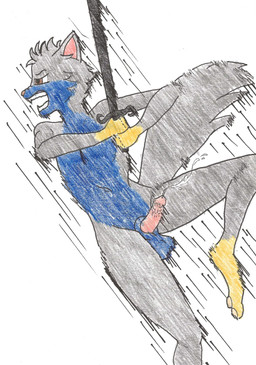 action_pose animal_genitalia animal_penis anthro balls blue_body blue_fur bodily_fluids brown_eyes erection feline_genitalia feline_penis fur genital_fluids genitals grey_body grey_fur holding_object holding_weapon jumping leaking_precum male melee_weapon motion_lines navel nude penis pose precum sheath solo sword weapon yelling yellow_body yellow_fur scoutthecat02 scout_the_cat_(character) domestic_cat felid feline felis mammal hi_res traditional_media_(artwork)