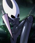 blurred_background detailed_background featureless_chest female flat_chested genitals glistening glistening_body holding_object holding_weapon looking_at_viewer low-angle_view nude pussy solo threatening_viewer weapon jellli hollow_knight team_cherry hornet_(hollow_knight) humanoid 4:5 hi_res shaded