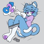 :3 anthro balls bed_sheet bedding blue_body blue_fur blue_hair blush bottomless clothed clothing clothing_around_legs condom countershading fur gender_symbol genitals hair inner_ear_fluff leg_markings lying male male_symbol markings on_side pawpads penis purple_blush purple_eyes sexual_barrier_device shirt socks_(marking) speech_bubble symbol tail topwear tuft underwear underwear_around_legs whiskers popstick domestic_cat felid feline felis mammal 2025 digital_drawing_(artwork) digital_media_(artwork) hi_res