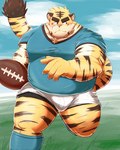 anthro belly big_belly bottomwear bulge clothing humanoid_hands kemono male outside overweight overweight_male pink_nose rugby rugby_ball rugby_uniform shirt shorts solo topwear mohumohudansi felid mammal pantherine tiger 2022 4:5 hi_res