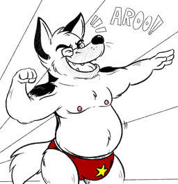 anthro belly briefs bulge clothed clothing eyewear flexing glasses humanoid_hands male moobs nipples one_eye_closed overweight overweight_anthro overweight_male red_briefs red_clothing red_underwear simple_background solo star tail teeth text topless underwear underwear_only white_background white_tail wink yellow_star calzone_(artist) canid canine canis domestic_dog mammal 2015
