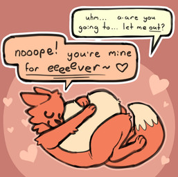 ambiguous_gender ambiguous_prey anthro countershading dialogue dipstick_tail endosoma eyes_closed fur heart_symbol hugging_belly male male/ambiguous markings orange_body orange_fur safe_vore simple_background solo speech_bubble tail tail_markings talking_to_prey text vore mollietown canid canine fox mammal english_text hi_res