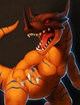 armor biceps feral headgear helmet horn looking_away male muscular muscular_feral muscular_male open_mouth orange_body pecs red_eyes solo stripes tail teeth tongue falvie bandai_namco digimon digimon_(species) greymon scalie 2013 digital_media_(artwork)