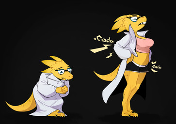 anthro big_breasts breasts clothing coat eyewear female glasses lab_coat scales slightly_chubby slightly_chubby_anthro slightly_chubby_female solo sportswear standing stretching topwear conditional_dnp shido-tara undertale undertale_(series) alphys reptile scalie hi_res sketch
