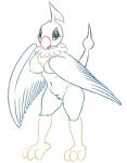 anthro anthrofied avian beak bird blue_eyes breasts chatot claws eyelashes feathered_wings feathers female fur generation_4_pokemon genitals hi_res looking_at_viewer monochrome neck_tuft nintendo nipples non-mammal_breasts nude open_mouth pokemon pokemon_(species) pokemorph posexe pussy simple_background smile solo tuft white_background wings